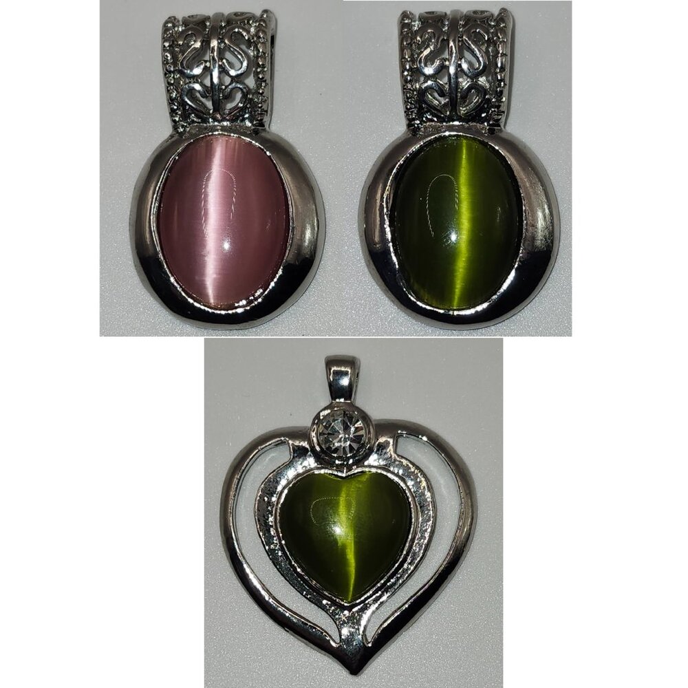 NEW Lot of 8 Silver Oval Cats Eye Pendants - Green and Pink Oval and Green Heart